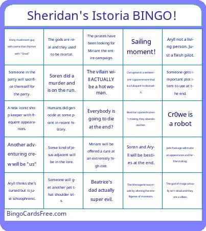 Sheridan's Istoria BINGO!