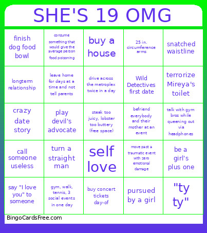SHE'S 19 OMG Bingo Card