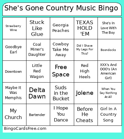 She's Gone Country Music Bingo Card