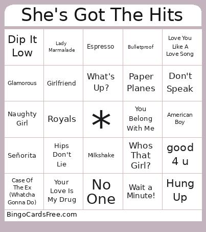 She's Got The Hits Bingo Cards Free Pdf Printable Game, Title: She's Got The Hits