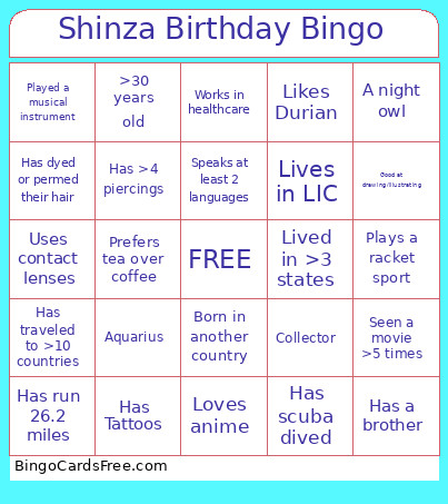 Shinza Birthday Bingo Card