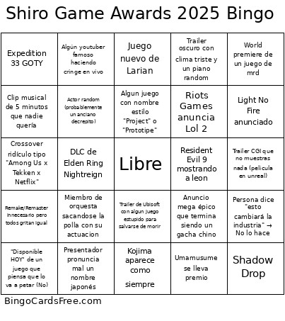 Shiro Game Awards 2025 Bingo Card