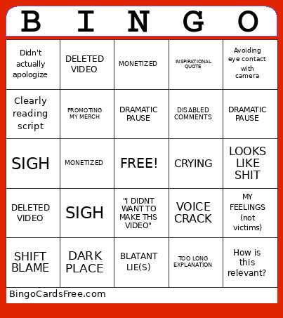 SHITTY YOUTUBE APOLOGY Bingo Card