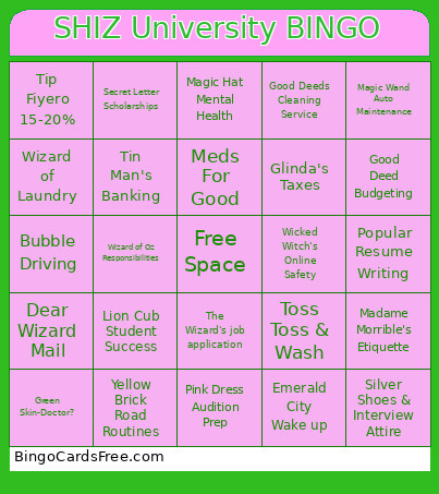 Shiz University Bingo Card