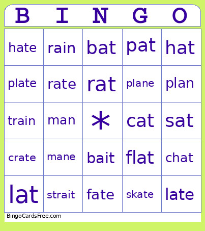 Short Long A Bingo Card
