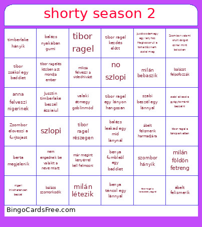 Shorty Season 2 Bingo Card