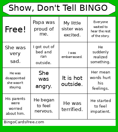 Show, Don't Tell Bingo Card