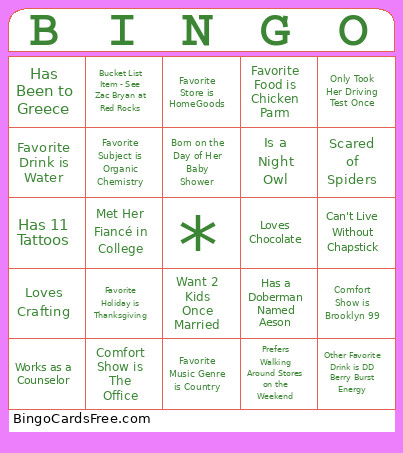 Shower Bingo Card