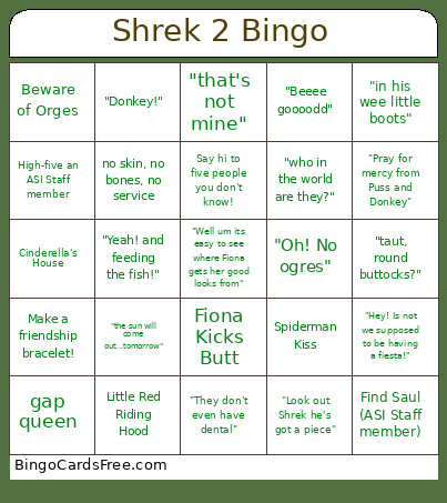 Shrek 2 Bingo Card