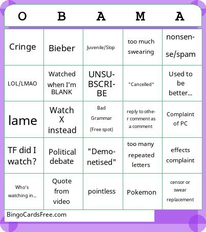 Shuffling Youtube comments on Hadzy Bingo Cards Free Pdf Printable Game, Title: OBAMA