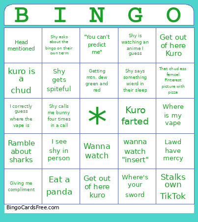 Shy Sheet Bingo Card