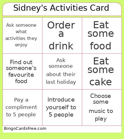 Sidney's Activities Card Bingo