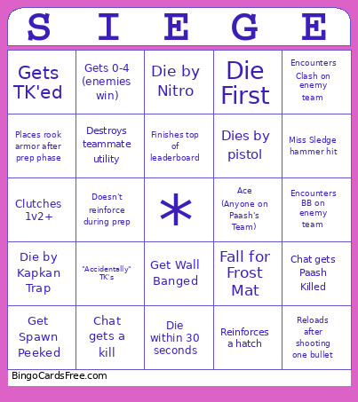 SIEGE Bingo Card