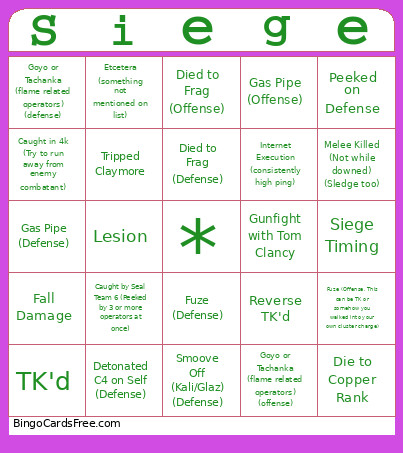 Siege Death Bingo Card