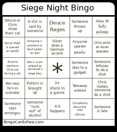 Siege Drinking Night Bingo
