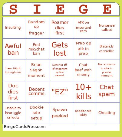 Siege Randoms Bingo Card