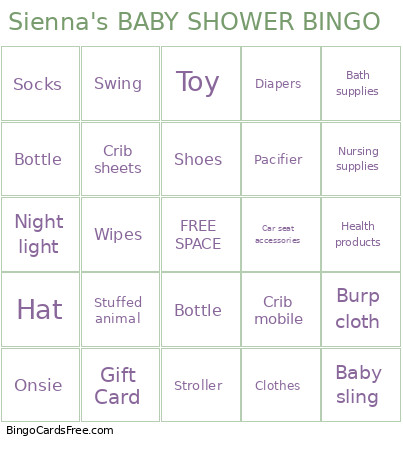 Sienna's BABY SHOWER Bingo Card