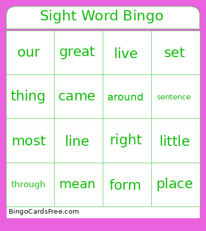 Sight Word Bingo Card