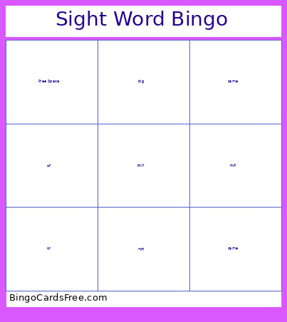 Sight Word Bingo Card