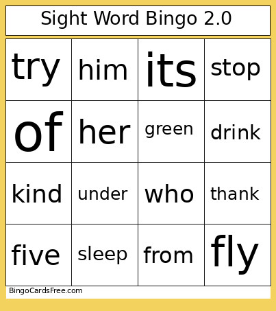 Sight Word 2.0 Bingo Card