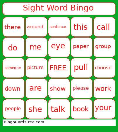 Sight Word Bingo Card