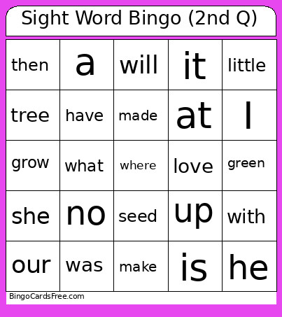 Sight Word (2nd Q) Bingo Card