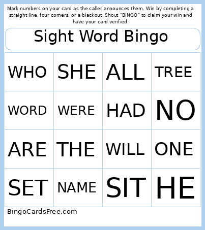 Sight Word Bingo Card