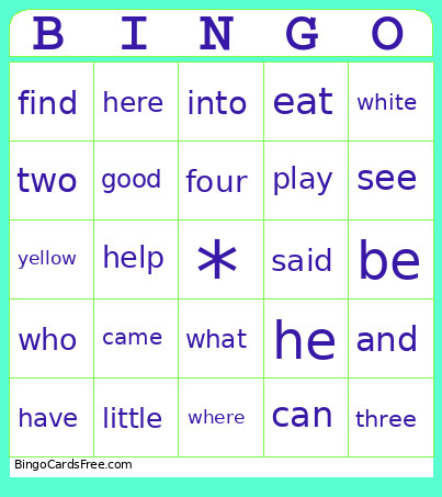 Sight Word Bingo Card