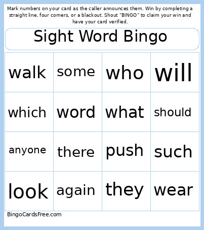Sight Word Bingo Card