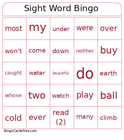 Sight Word Bingo Card
