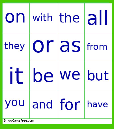 Sight Word Bingo Card