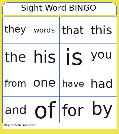 Sight Word Bingo Card