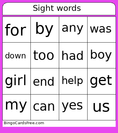 Sight Words Bingo Card
