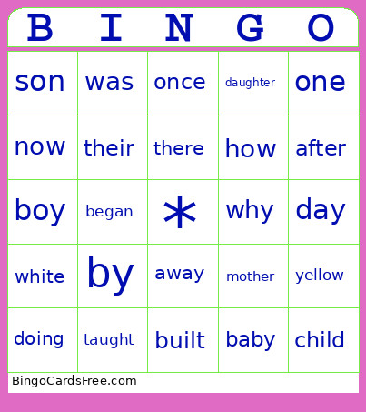 Sight Words Bingo Card