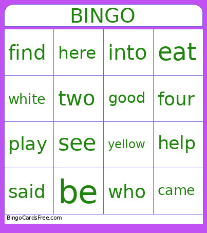 Sight Words Bingo Card