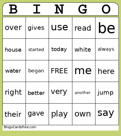 Sight Words Bingo Card