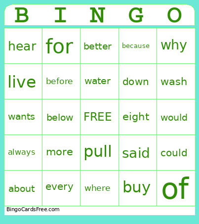 Sight Words Bingo Card