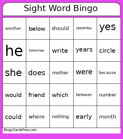 Sight Words Bingo Card