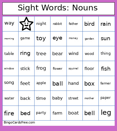 Sight Words: Nouns Bingo Card