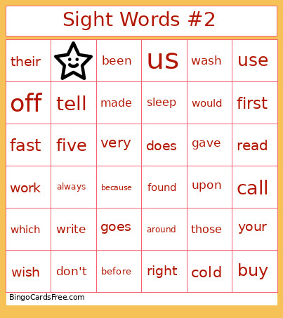 Sight Words Second Grade Bingo Card