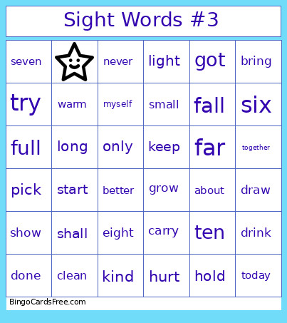 Sight Words Third Grade Bingo Card