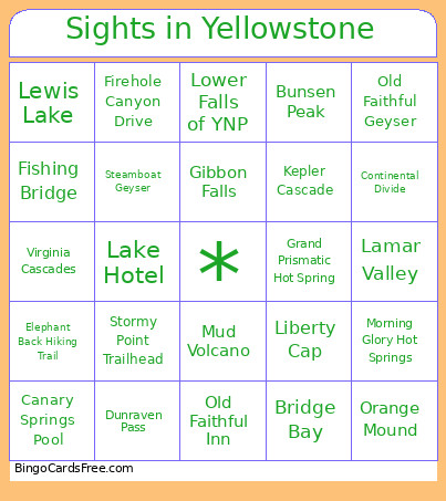 Sights In Yellowstone Bingo Card