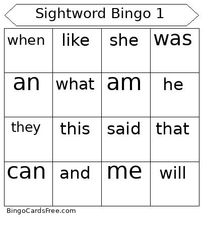 Sightword Bingo 1