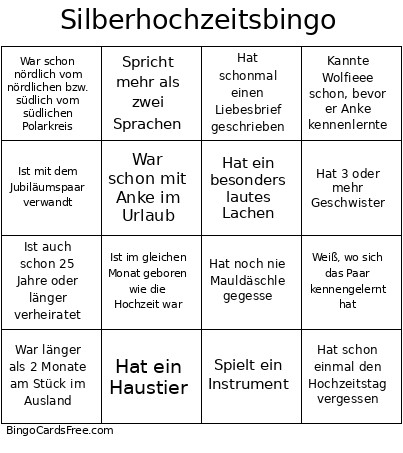 Silberhochzeits Bingo Card