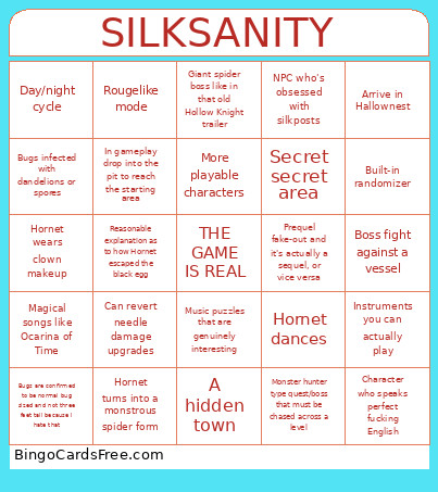 Silksanity Bingo Card