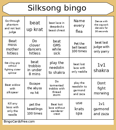 Silksong Bingo Card