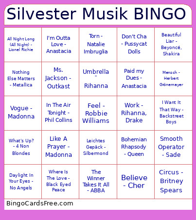 Silvester Musik Bingo Card