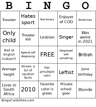 Similarities Bingo Card