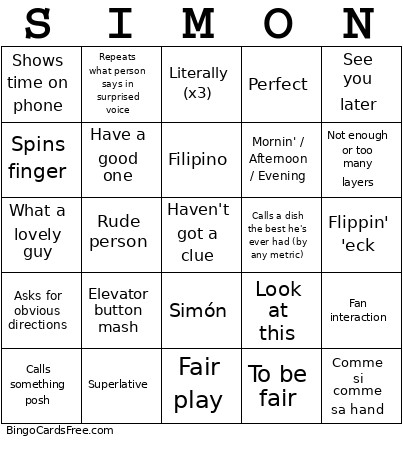 Simonisms Bingo Card