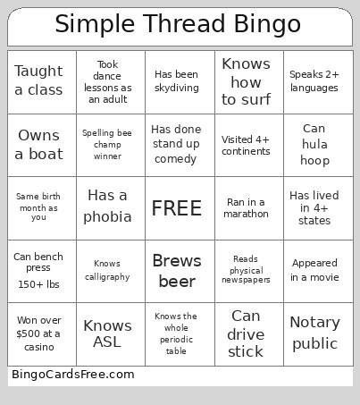 Simple Thread Bingo Card